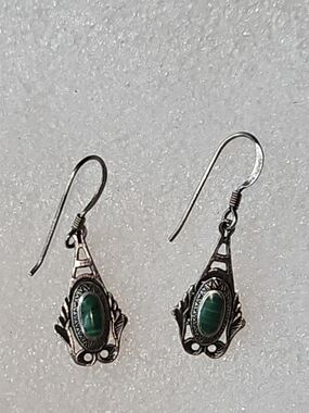 Vintage Sterling Silver & Malachite Stone Drop Earrings Marked